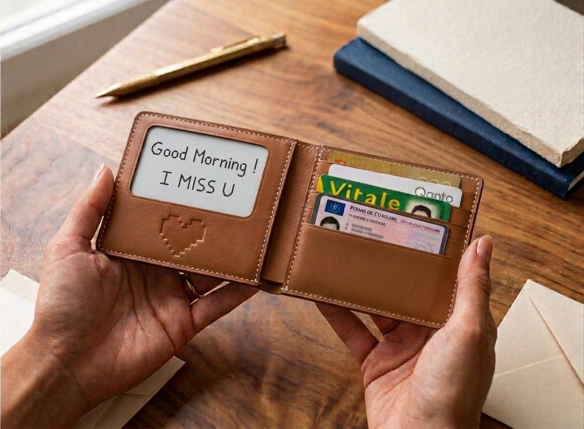 Un portefeuille en cuir ouvert : l’écran e-ink affiche un mot écrit à la main, à côté des cartes